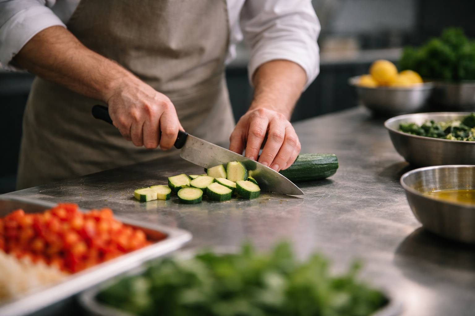 Chef preparing fresh vegetables in commercial kitchen