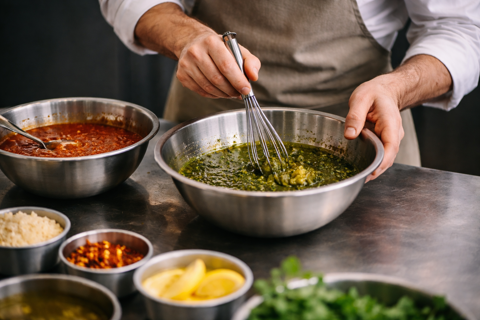 Various sauces being prepared in professional kitchen